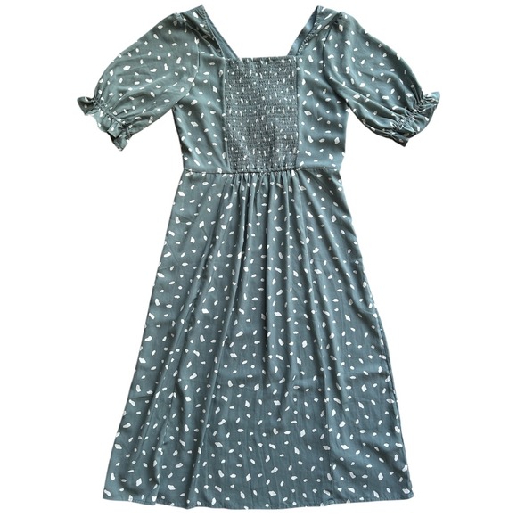 Abercrombie & Fitch Midi Printed Sage Slate Green Dress Smocked Slit Size L - Picture 2 of 8